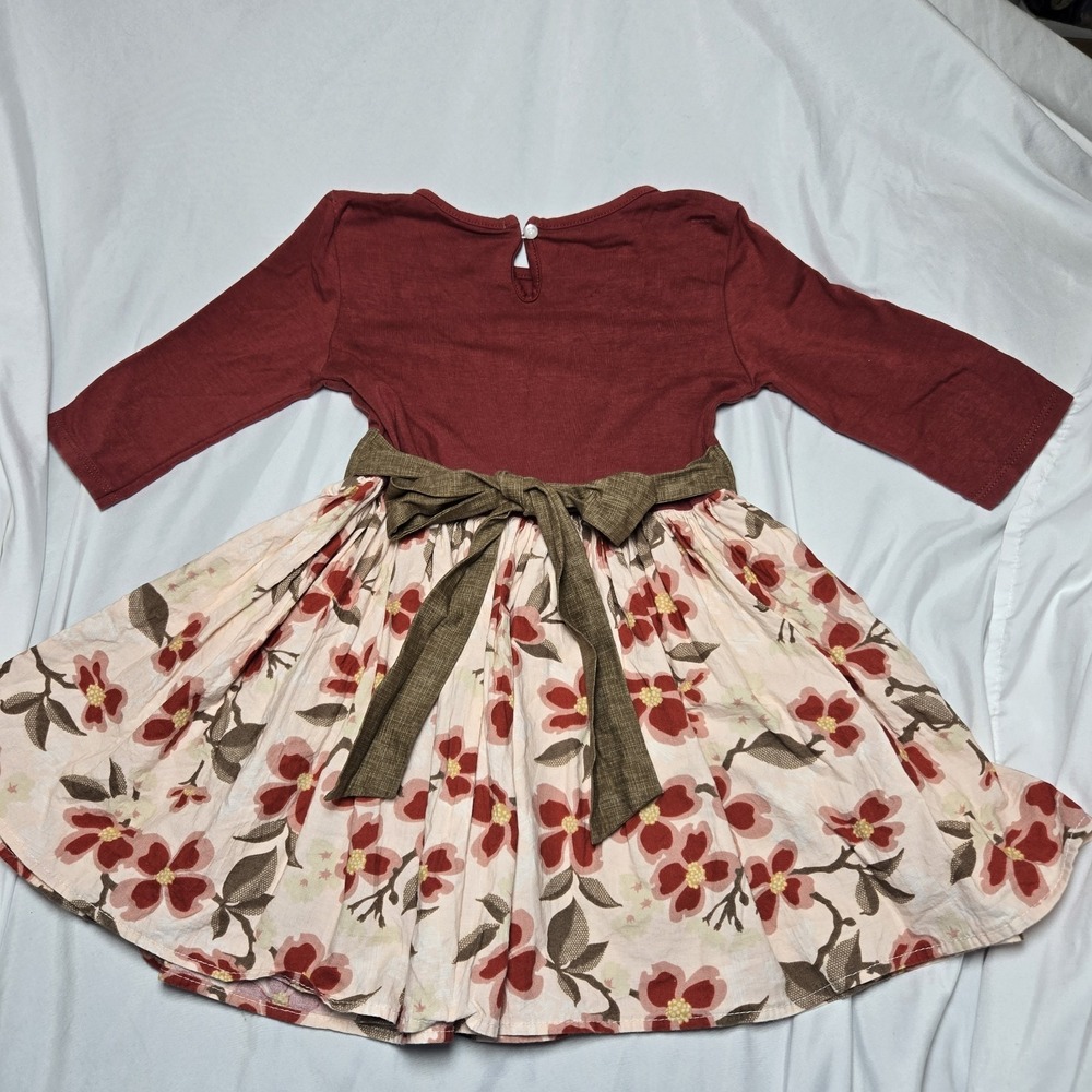 Persnickety Girls 6 Dress Floral Brick Red Tie Back Flare Skirt Modest Cottage - Picture 3 of 5